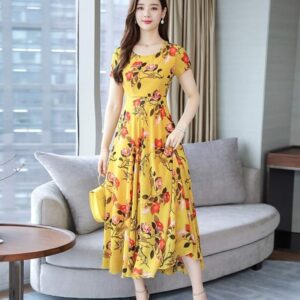 WDSWZ Women Dress Fashion Summer Grace Mid-Calf Short Sleeve Beach Floral Printing Dresses (M, Yellow)